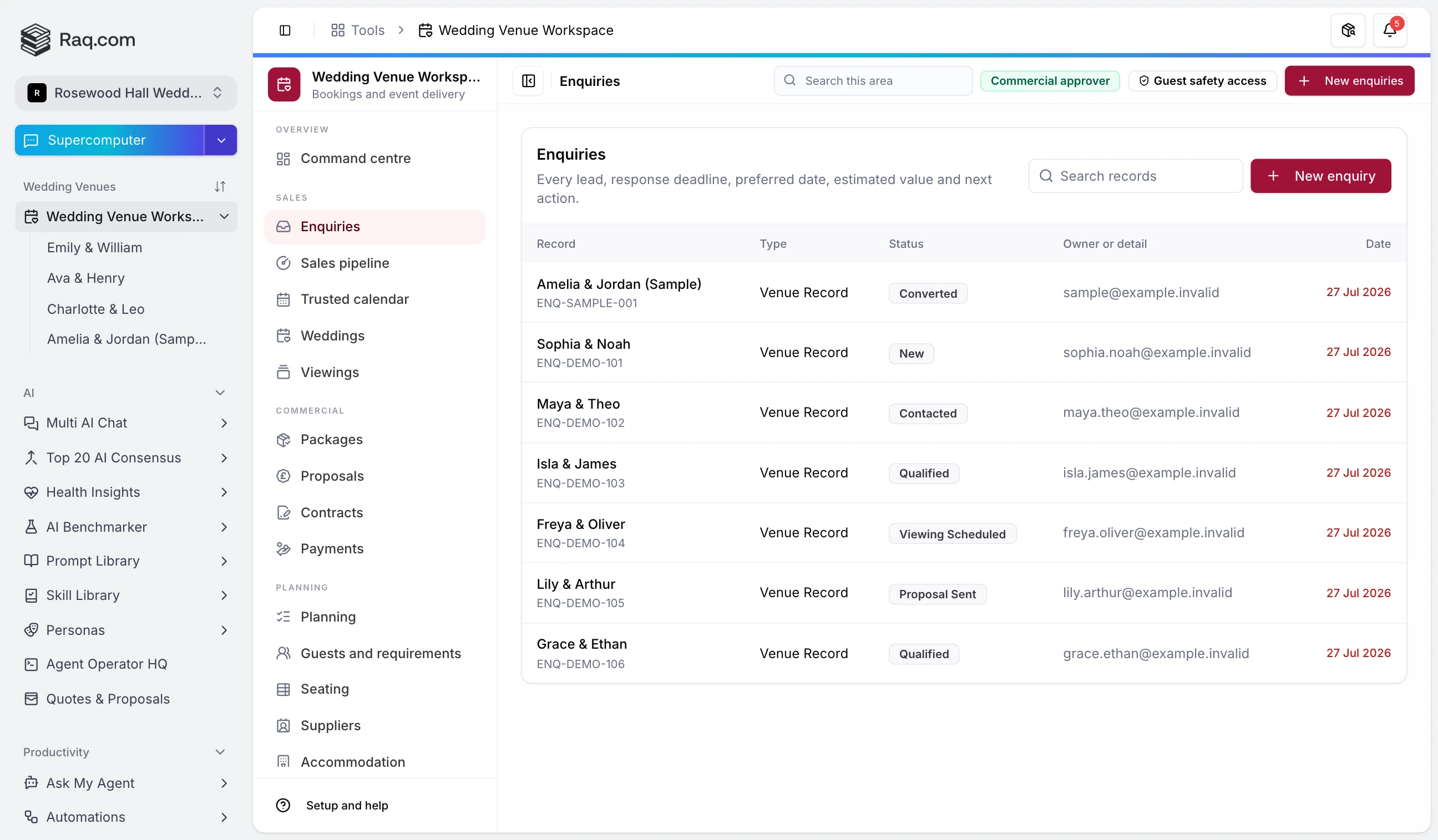 Venue enquiry pipeline with response position, preferred date, estimated value and next action